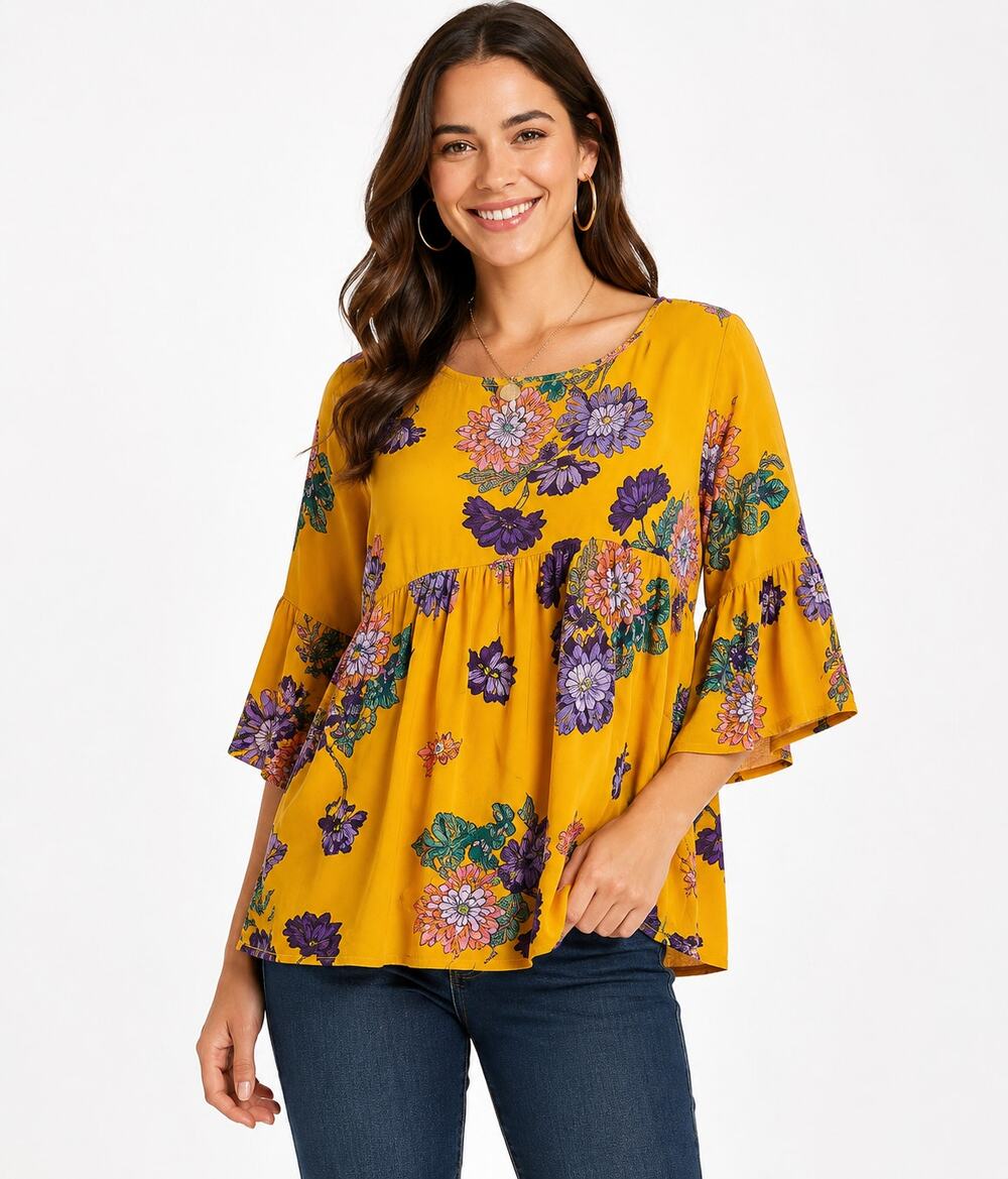 Cool Melon Women's Medium Yellow Floral Babydoll Blouse 3/4 Bell Sleeve Boho Top